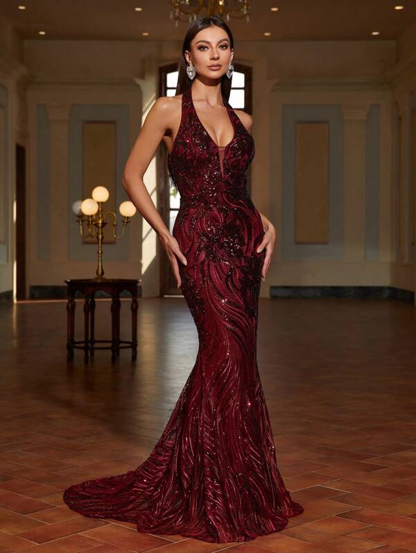 Backless Halter Neck Mermaid Hem Floral Sequin Prom Dress