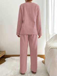 SHEIN Cottnline Flannel Embroidery Heart & Letter Print Home Wear Set - Watermelon Pink - View 2
