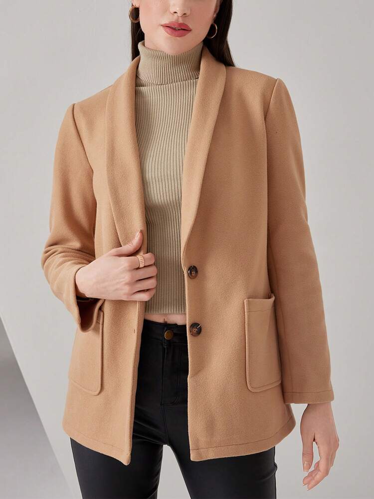 Women's Shawl Collar Single Breasted Double Pocket Woolen Coat