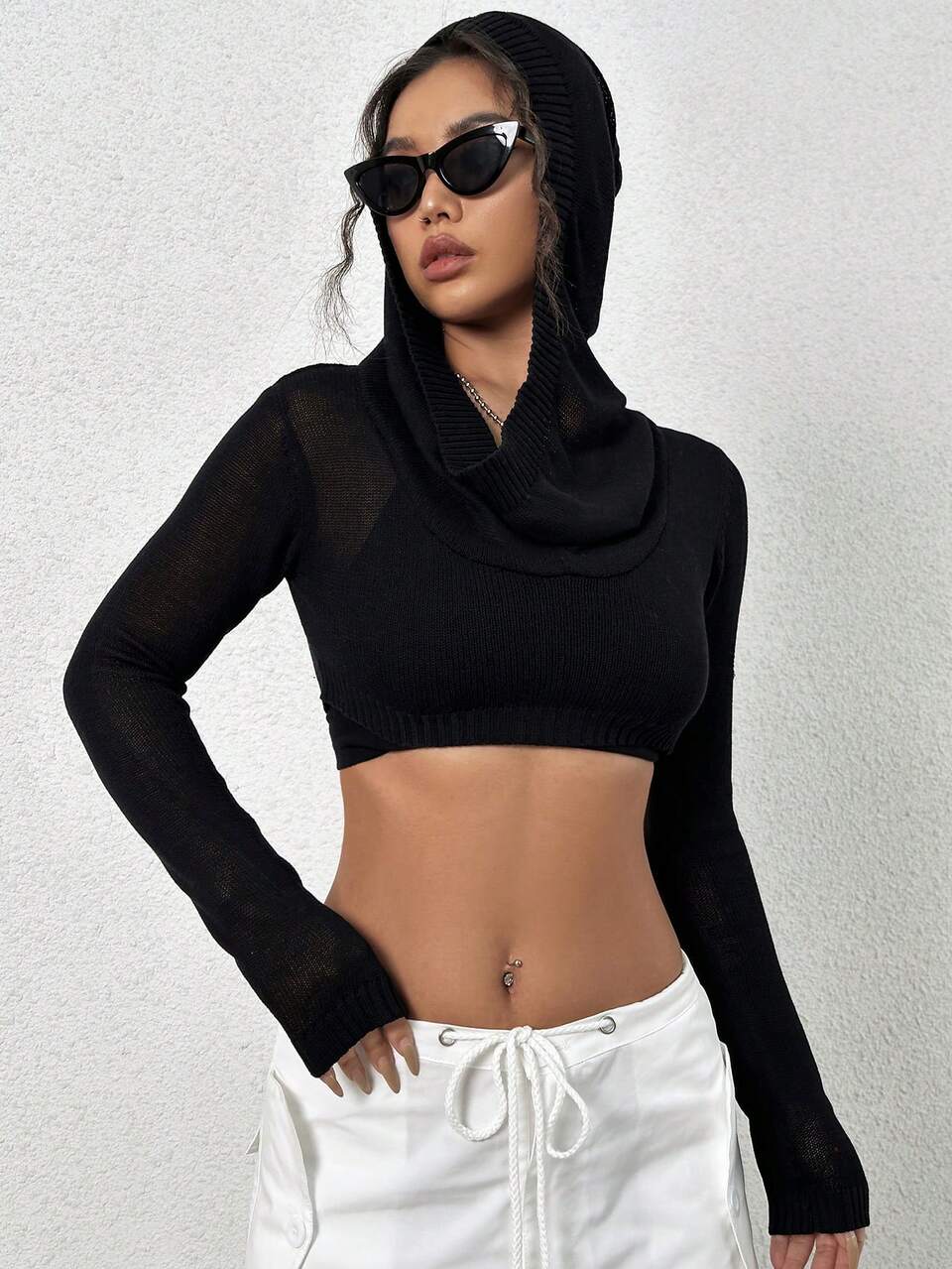 Solid Color Distressed Fitted Cropped Hooded Sweater With Loose Collar Knit Pullover Fall Winter Sweater