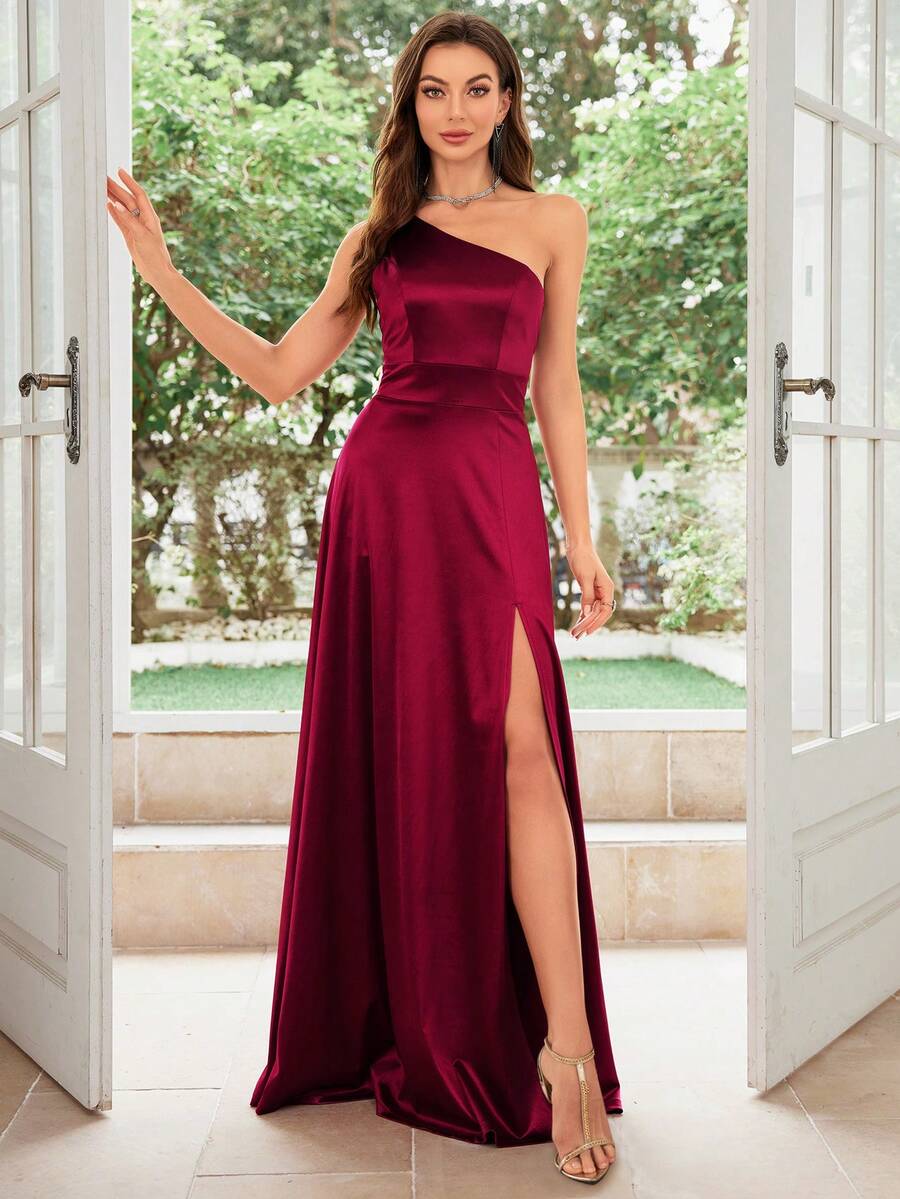 MUXXN 1950s Retro Asymmetric Neckline Satin Cocktail Dress/Wedding Guest Dress/Formal Evening Gown