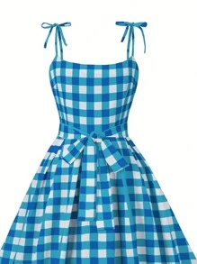 SHEIN Franclia Kẻ sọc Thắt lưng Váy Dây - Màu xanh lam - Xem 3