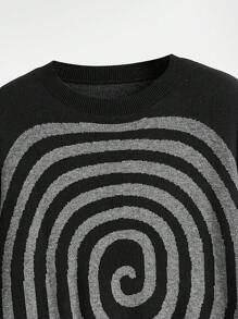 ROMWE Hippie 女士下垂肩毛衣,漩渦圖案和色塊設計 - 黑色 - 查看 3