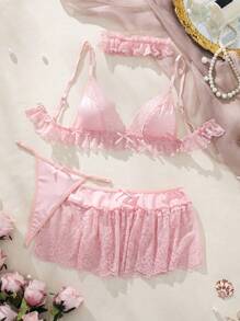 SHEIN Pure Desire Conjunto De Lencería Con Empalme De Encaje Lindo Para Mujer