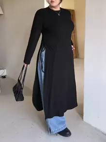 Dazy Plus Vestido de manga larga con detalle de nudo y abertura lateral, ropa de otoño para tallas grandes