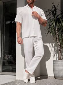 Manfinity Homme Conjunto De Camisa Y Pantalón Para Hombre Con Botones Y Texturizados De Color Sólido - Blanco - Ver 4
