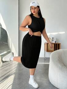 SHEIN EZwear Của phụ nữ Kích thước lớn Đen Xoắn Đan áo vest Và Váy Bộ - màu đen - Xem 5