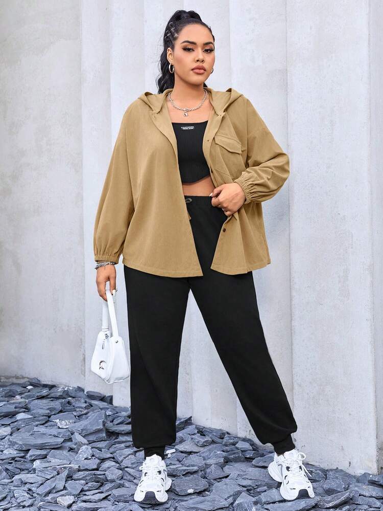 Plus Flap Pocket Drop Shoulder Hooded Coat & Sweatpants