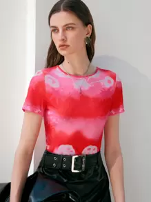 SHEIN MOOSTA Camiseta De Manga Corta Con Efecto Tie-dye Para Mujer