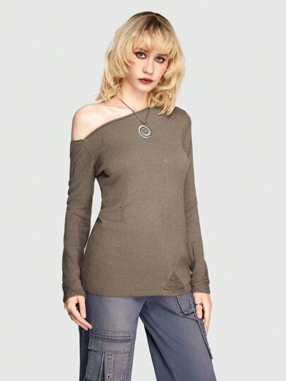 Fairycore Suéter De Detalle Distorsionado En Color Sólido Para Mujer Con Cuello Asimétrico