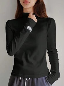 DAZY Cổ áo cao Màu thuần Bên trong Lông cừu Tay áo dài Áo thun - màu đen - Xem 2