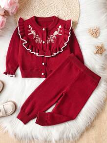 Baby Girls' Knitted Cardigan With Floral Embroidery & Ruffle Trim And Pants Set - Burgundy - View 1