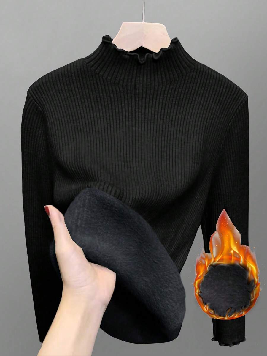 Franclia 女式高领荷叶边保暖内衬打底上衣，修身长袖套头衫，适合秋冬季