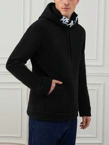 RueChic Men's Double Layer Crew Neck Simple English Text Print Hoodie - Black - View 3