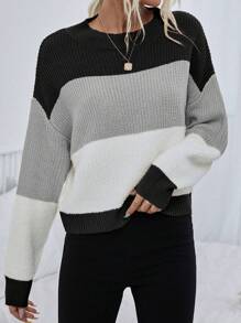 Calvaya Suéter de hombros caídos con bloques de color, parte superior de manga larga de punto, suéter de otoño e invierno - Multicolor - Ver 3