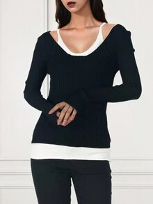 拼色對比長袖2合1毛衣 - 黑色 - 查看 4