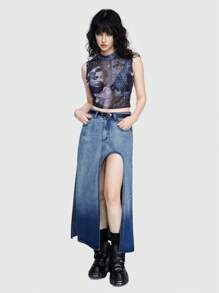 ROMWE Street Life Street Style Tight Fit Tank Top For Summer With Stand Collar & Stars, Music & Slogan Print And Sheer Mesh Detail - Black - View 6