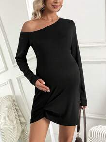 SHEIN Maternity Asymmetric Collar Ribbed Knit Dress - Black - View 4