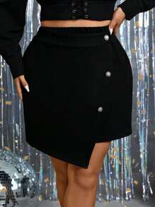 SHEIN LUNE 大尺碼連結裝飾不對稱下擺半身裙 - 黑色 - 查看 1