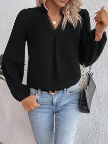 SHEIN Clasi Lace Spliced Lantern Sleeve Shirt - Black - View 5