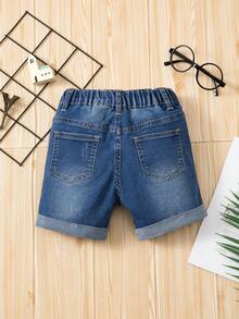 Pantalones cortos de mezclilla azul lavado de medio tamaño con rasgaduras, elasticidad y dobladillo enrollado para niño joven - Azul lavado medio - Ver 2