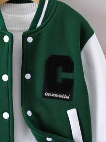 SHEIN Young Boy Letter Printed Striped Baseball Jacket And Trousers Set - Dark Green - View 5