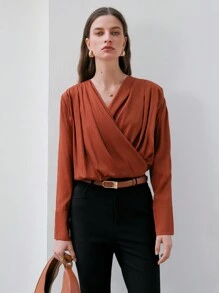Anewsta Xếp li Áo choàng mặt trước Tay áo dài Áo - màu nâu - Xem 4