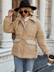 SHEIN LUNE 纯色拉链加厚棉服冬季插肩袖 - 卡其色 - 查看 5