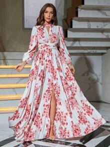 Floral Print Split Thigh Dress - Red - View 1