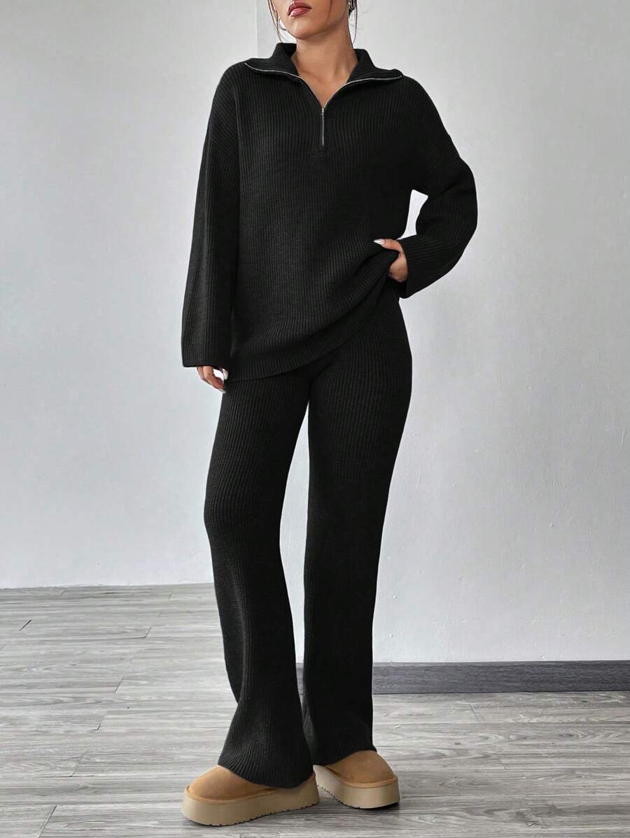 SHEIN Unity Thả vai Khóa kéo nửa mở Áo len Và Đan Quần Bộ - màu đen - Xem 1