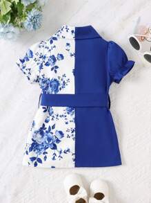 Baby Girl Color Block Floral Print Belted Shirt Dress - Royal Blue - View 2