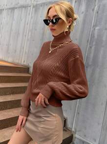 SHEIN Privé Solid Color High Neck Chunky Sweater With Drop Shoulder Knit Pullover Fall Winter Sweater - Coffee Brown - View 3