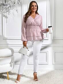 SHEIN Clasi Kích thước lớn Cổ chữ V Eo Kẹp chặt Tay áo lồng đèn Áo sơ mi - Hồng - Xem 5