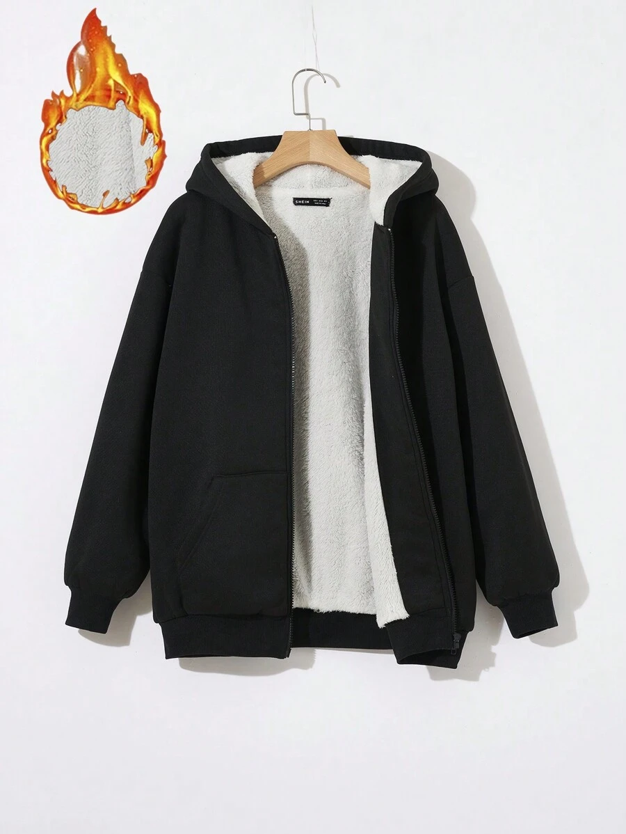 SHEIN EZwear 秋冬款落肩拉链保暖连帽衫 - 黑與白 - 查看 1