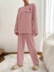 SHEIN Cottnline Flannel Embroidery Heart & Letter Print Home Wear Set - Watermelon Pink - View 3