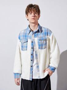 Teen Boy Plaid Print Flap Pocket Teddy Coat Without Tee - White - View 6
