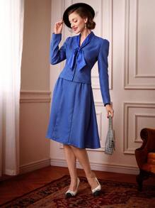 SHEIN DECDS 復古優雅女士秋冬格紋羊毛外套,配腰帶外套 - 寶藍色 - 查看 3