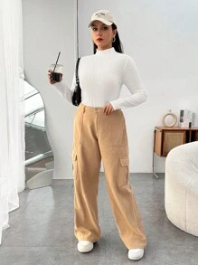 SHEIN EZwear Plus Size Women'S Knitted Ribbed Stand Collar Long-Sleeved T-Shirt - White - View 6