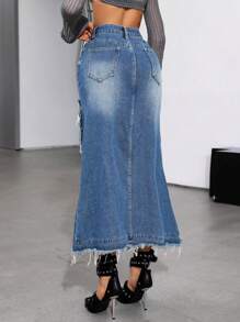 SHEIN ICON Women's High Slit Denim Skirt