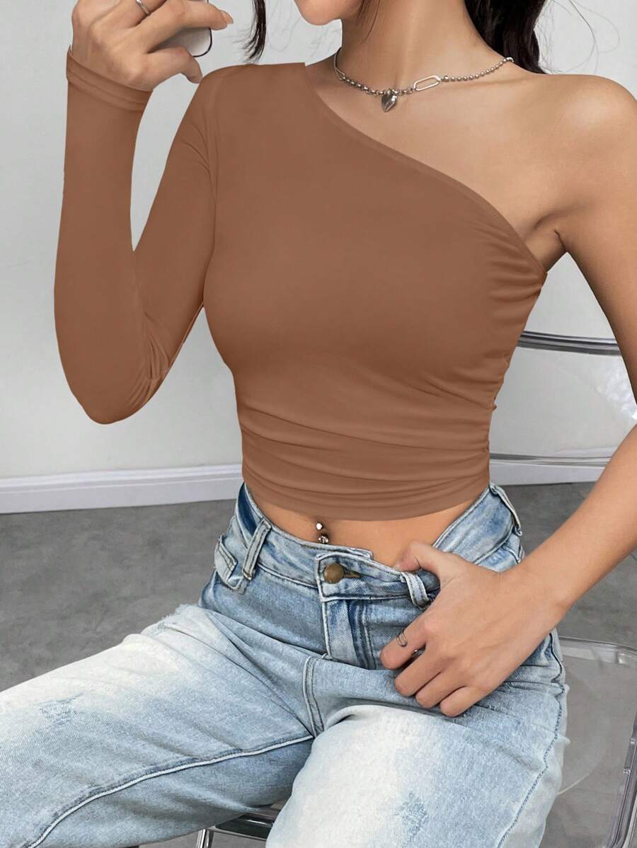 SHEIN Unity Women's One Shoulder Pleated Cropped Top, Going Out Top - Coffee Brown - View 1