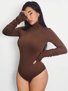 SHEIN Essnce Women'S Solid Color Pleated Bodysuit - Coffee Brown - View 3