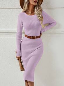 SHEIN LUNE Turtle-neck Fine Rib Knit Slim Fit Long Sleeve Sweater Dress - Pink - View 6