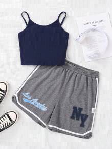 SHEIN Teenage Girls' Knitted Ribbed Cami Top With Letter Print Shorts Set - Blue - View 1