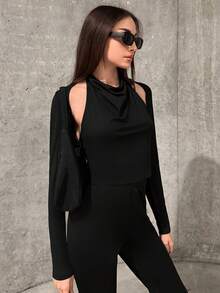 SHEIN Essnce 女款純色露背修身兩件套 - 黑色 - 查看 5