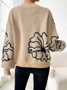 SHEIN LUNE Women'S Round Neck Drop Shoulder Sweater With Floral Pattern Knit Pullover Fall Winter Outfit - Khaki - View 2