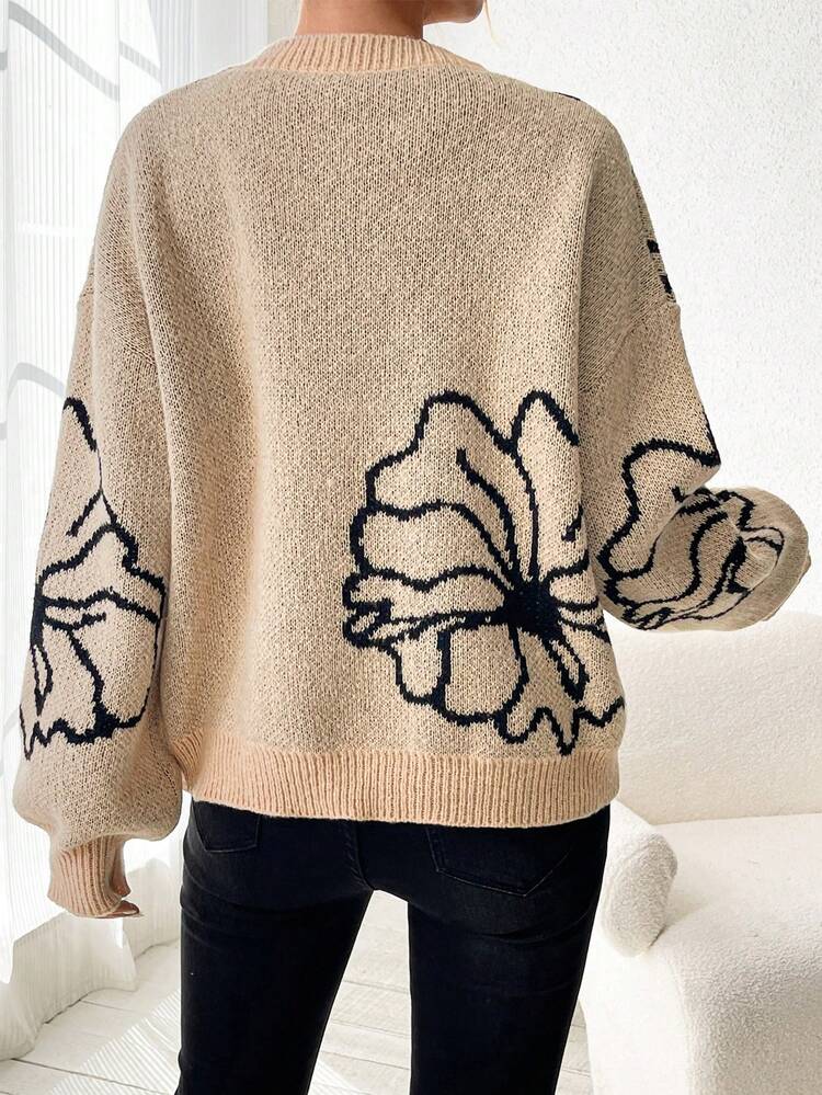 Women's Round Neck Drop Shoulder Sweater With Floral Pattern Knit Pullover Fall Winter Sweater