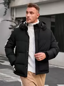 Manfinity VCAY Loose Fit Plus Size Men's Zipper Hooded Woven Casual Jacket, For Fall Winter - Black - View 3