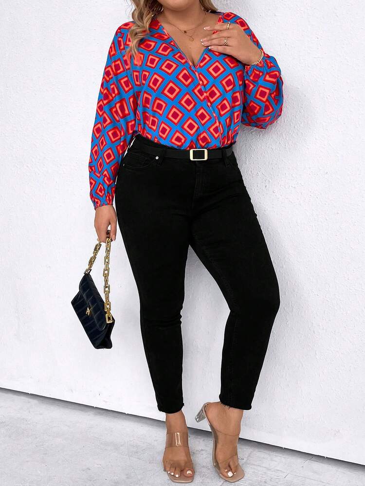 Plus Size Women'S Geometric Pattern Balloon Sleeve Bodysuit