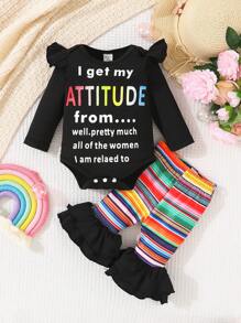 Baby Girls' Slogan Printed Ruffle Collar Bodysuit With Striped Flared Pants Set - Multicolor - View 1