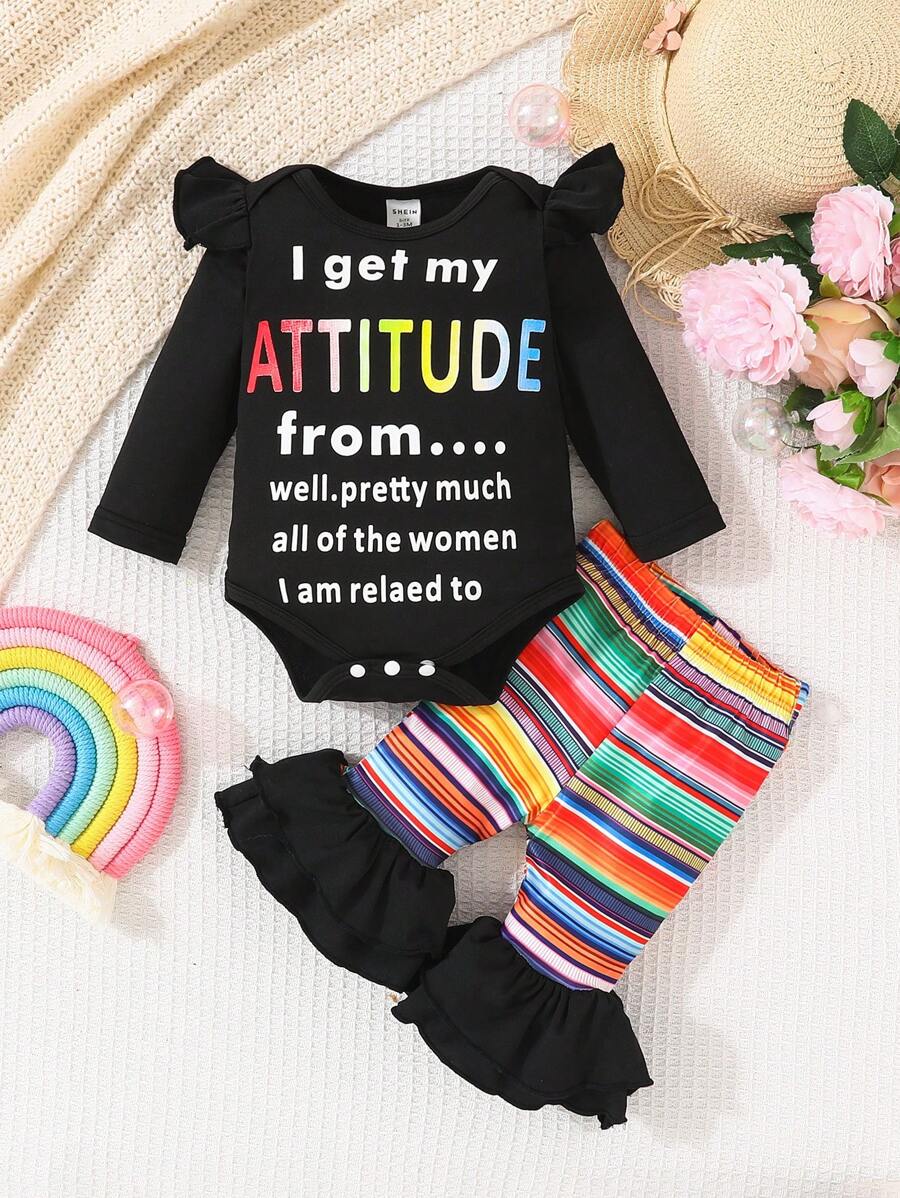Baby Girls' Slogan Printed Ruffle Collar Bodysuit With Striped Flared Pants Set - Multicolor - View 1
